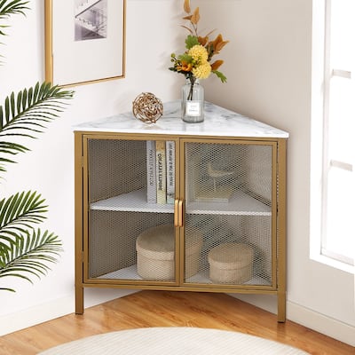 Javlergo Corner Table Modern Triangle 3-tier Storage Shelf with 2 Doors for Living Room Bedroom Office