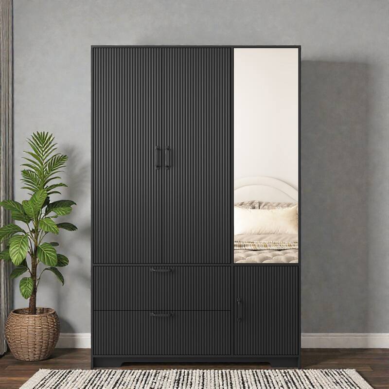 4 Door Wardrobe Closet with Mirror and LED Light, Wooden Wardrobe Cabinet with 2 Drawers Hanging Rod and Shelves