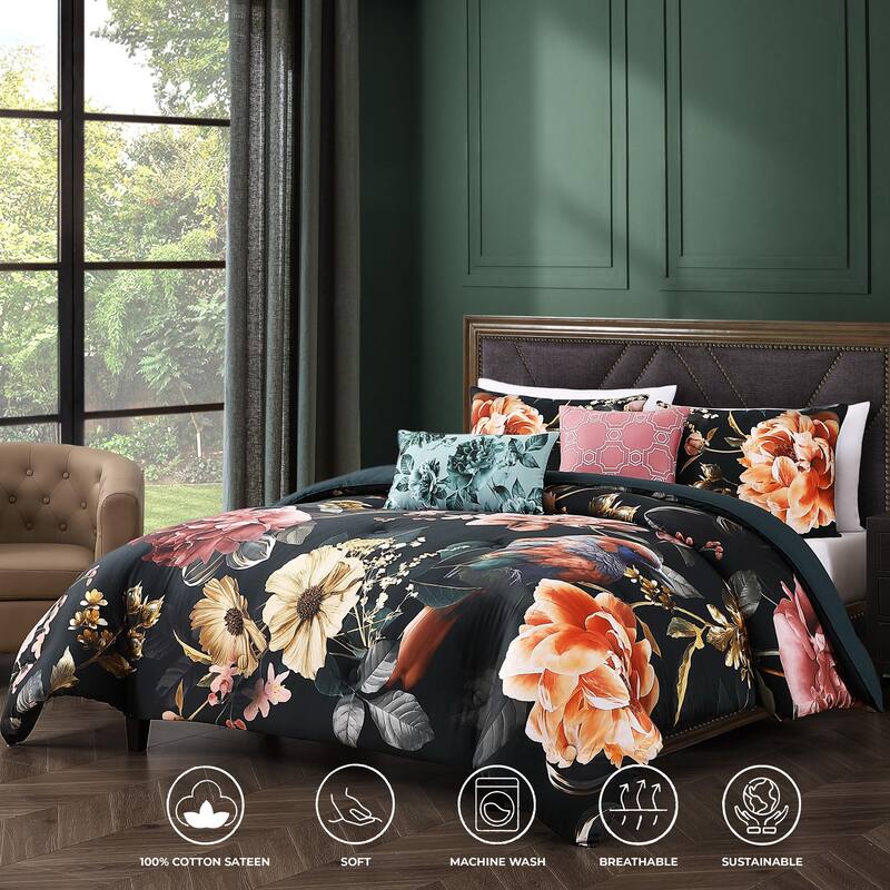 Bebejan Botanical Birds 100% Cotton Sateen 5 Piece Reversible Comforter Set