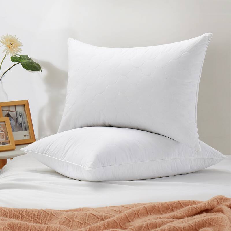 Medium Goose Feather Down Pillow with Quilted Cotton Cover Set of 2 - White - Medium-Firm - King