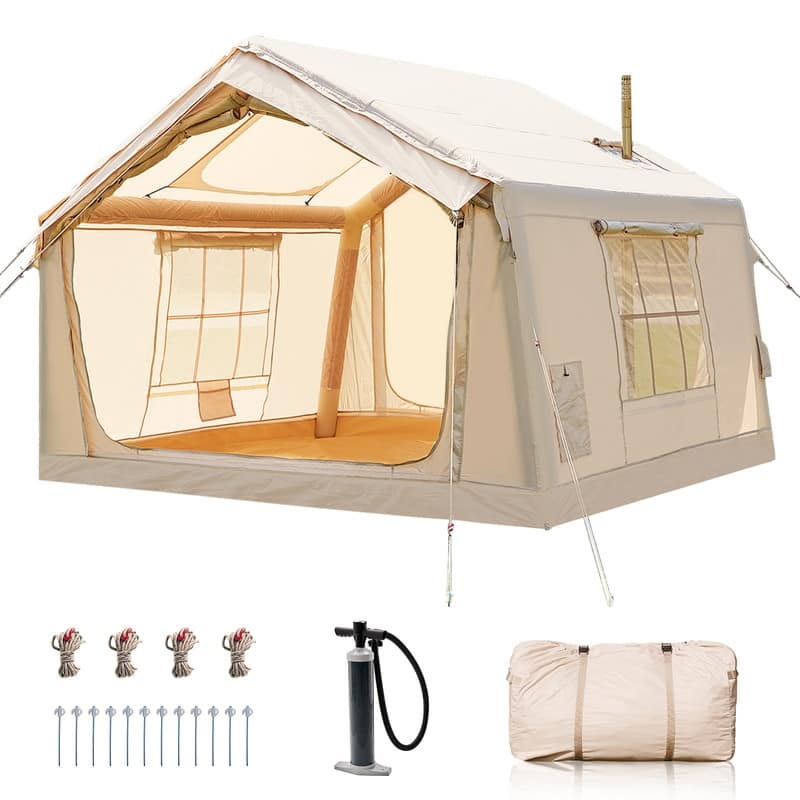 Inflatable Tents with Pump and Stove Jack, for Adult 4-6 Person - Beige