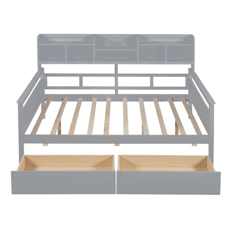 Full Daybed with Storage 2 Drawers & Bedside Shelf, 400lb Capacity, Solid Wood Frame