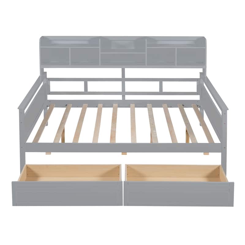 Wood Daybed with 2 Drawers and Bedside Shelf