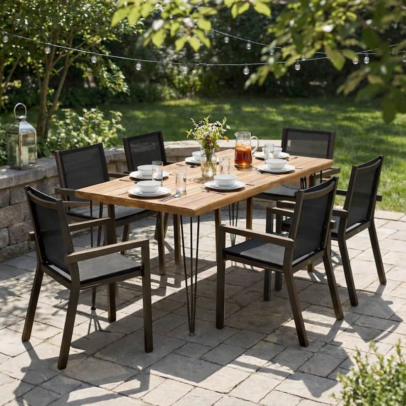 Christopher Knight Home - Arborvale 7-Piece Farmhouse Acacia Wood Outdoor Dining Set with Live Edge Table and Mesh Chairs - Teak + Black + Grey