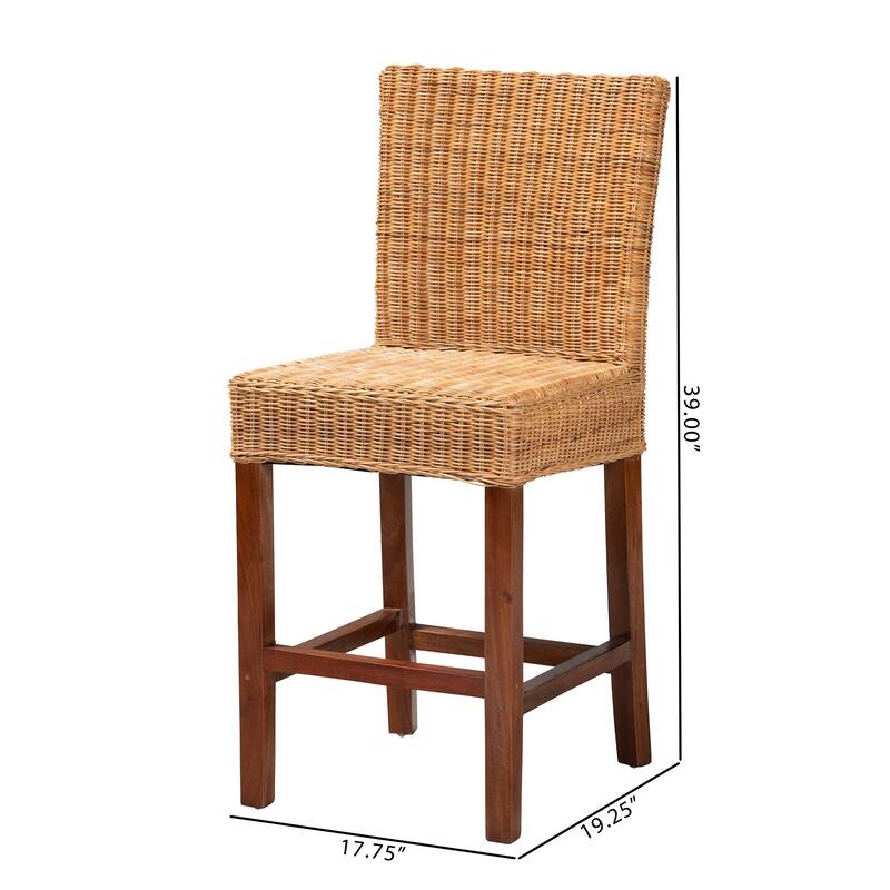Racquel Modern Bohemian Natural Rattan and Mahogany Wood Counter Stool