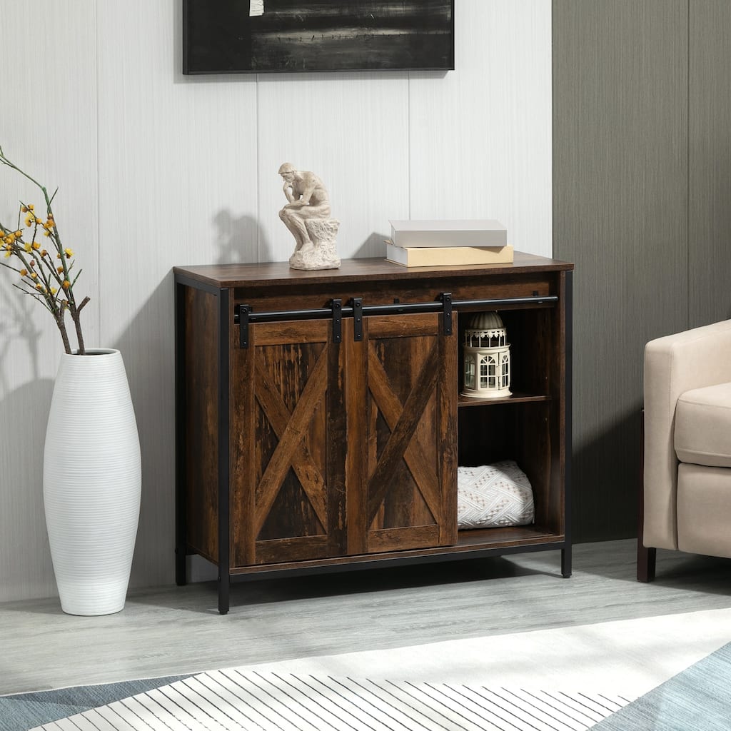 HOMCOM Industrial Sideboard, Buffet Cabinet with Sliding Barn Doors, Storage Cabinets and Adjustable Shelves for Living Room