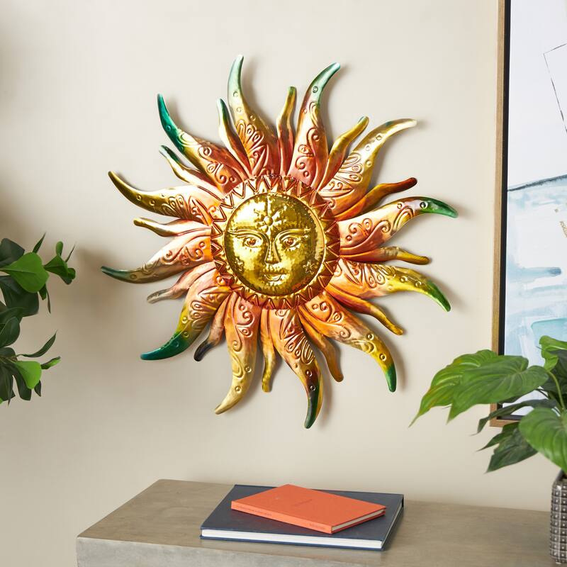 Stainless Steel Metal Sun Face Wall Decor with Red, Green, and Orange Accents - Gold - Roche River Decor