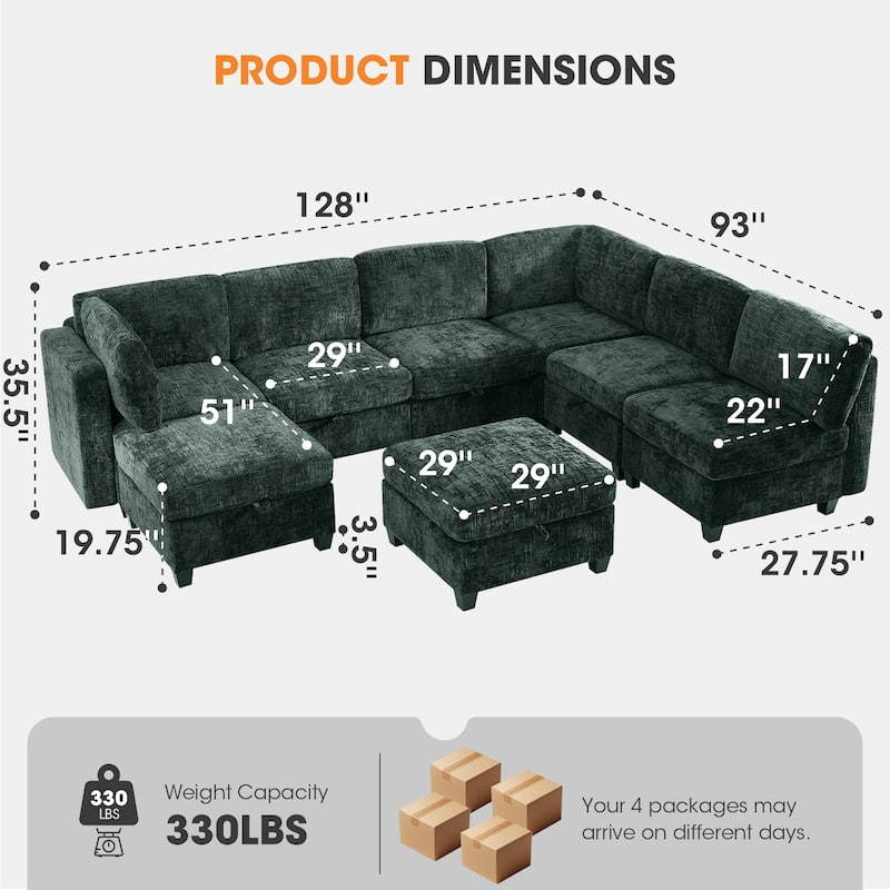 GDFStudio - Chenille Fabric 8-Seat 128" Modular Sectional Sofa with Storage & Solid Wood Frame