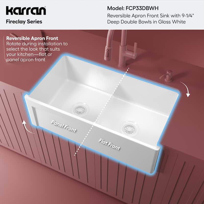 Karran 33" Double Bowl Panel Front Farmhouse Fireclay Kitchen Sink with Reversible Apron Front