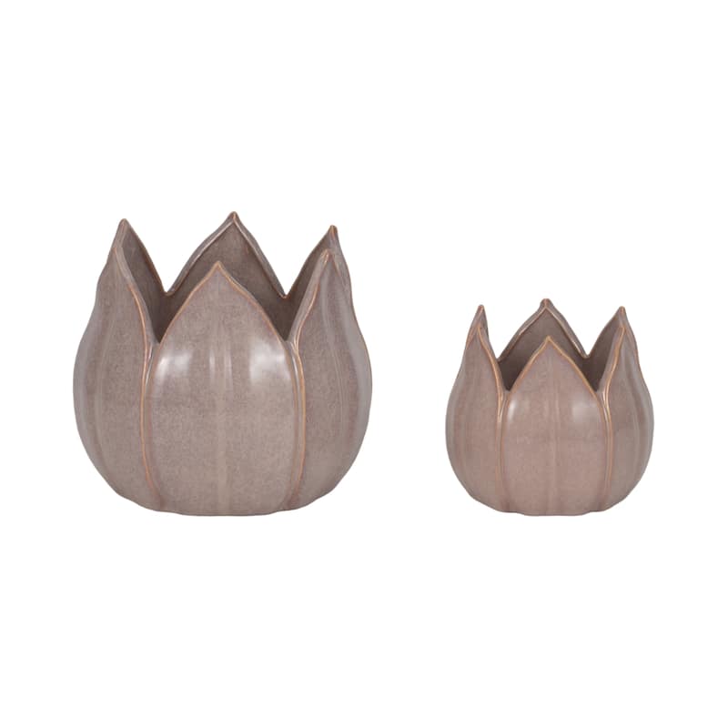Stoneware Ceramic Planters Petal Design and Drainage Hole (Set of 2) - 8" x 8" x 7" - Purple