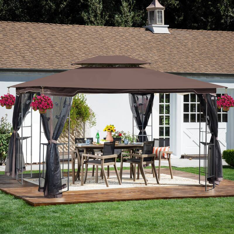13x10 Outdoor Gazebo Canopy Tent With Ventilated Double Roof And Mosquito net for Lawn(Detachable Mesh Screen On All Sides) - Brown