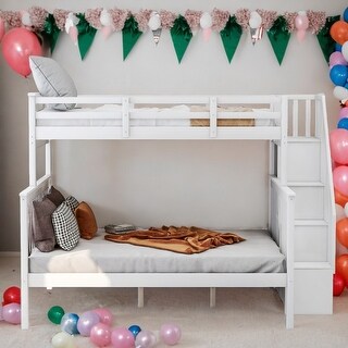 Stairway Design Twin-Over-Full Bunk Bed with Storage and Guard Rail for Bedroom