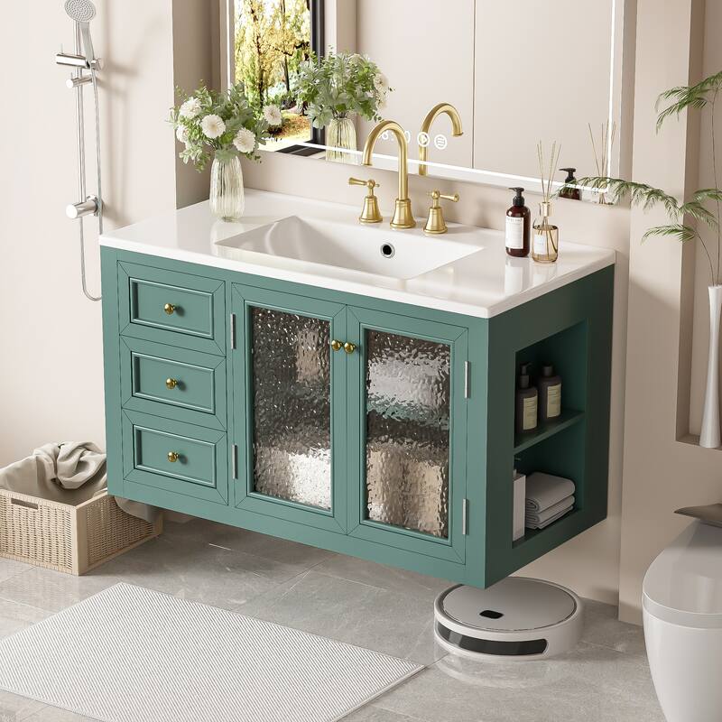 GDFStudio 36'' Wall Mounted Bathroom Vanity with Ceramic Sink, Floating Bathroom Storage Cabinet with 3 Drawers