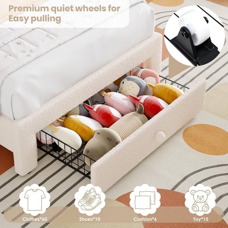 Upholstered LED Bed Frame, with Storage Drawer