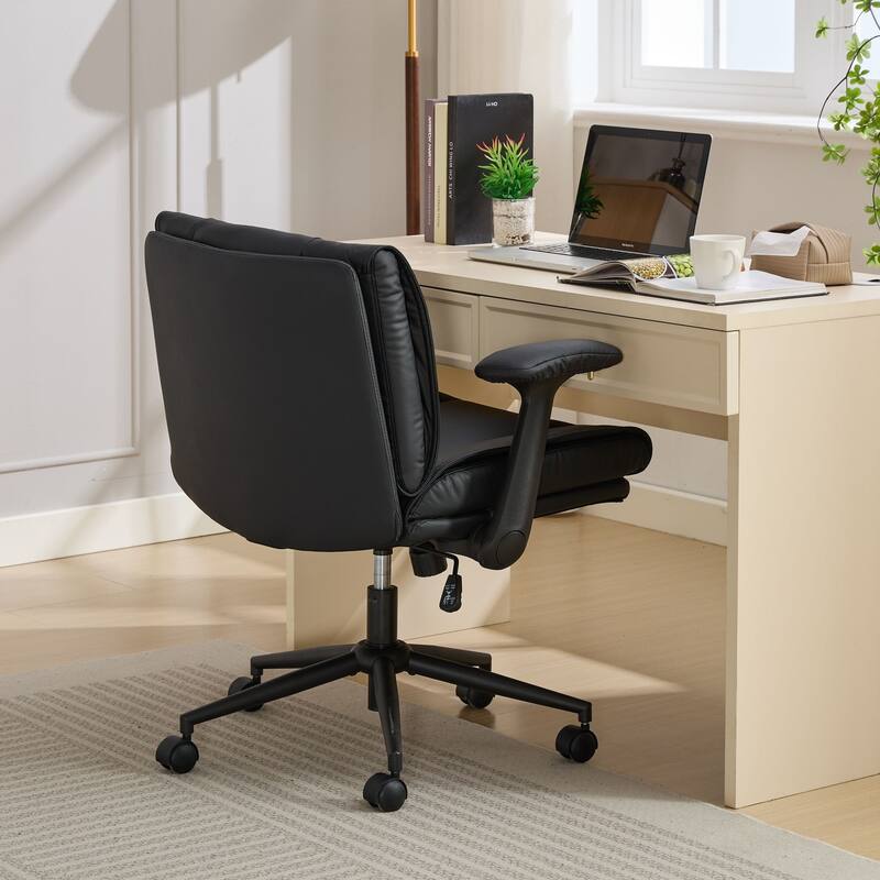 Cross Legged Office Chair on Wheels with Flip-Up Armrests Leather and Wide Seat