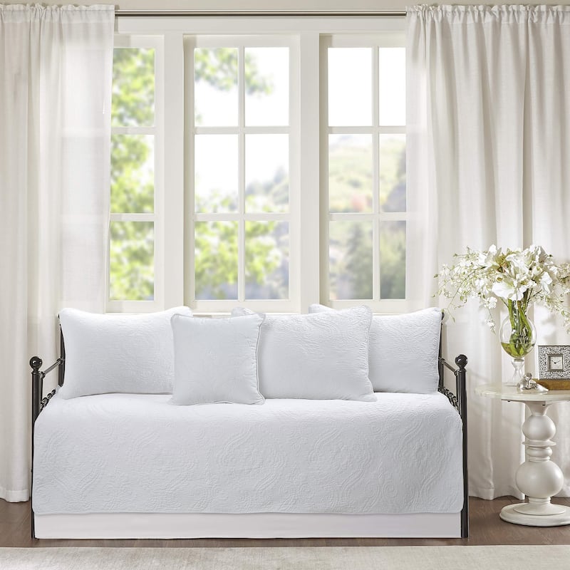 Cozy Line Solid White Chic Brocade Matelasse Medallion Floral 6 Piece Microfiber Daybed Quilt Bedding Set