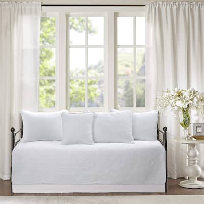 Cozy Line Solid White Chic Brocade Matelasse Medallion Floral 6 Piece Microfiber Daybed Quilt Bedding Set