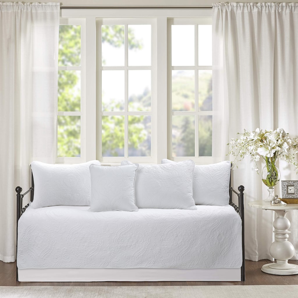 Cozy Line Solid White Chic Brocade Matelasse Medallion Floral 6 Piece Microfiber Daybed Quilt Bedding Set