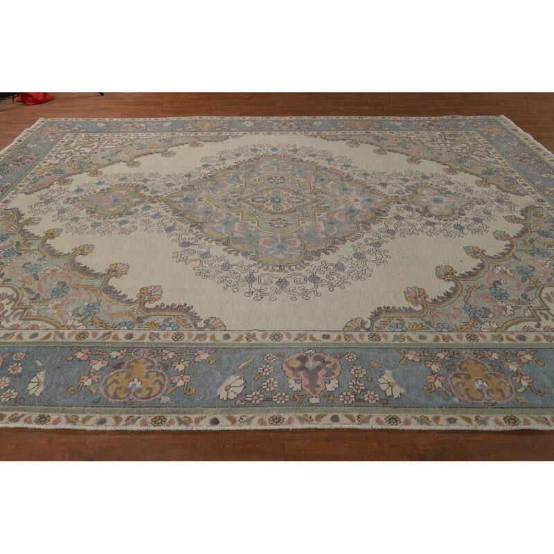 Geometric Tabriz Persian Area Rug Hand-Knotted Beige Wool Carpet - 9'10"x 12'6"