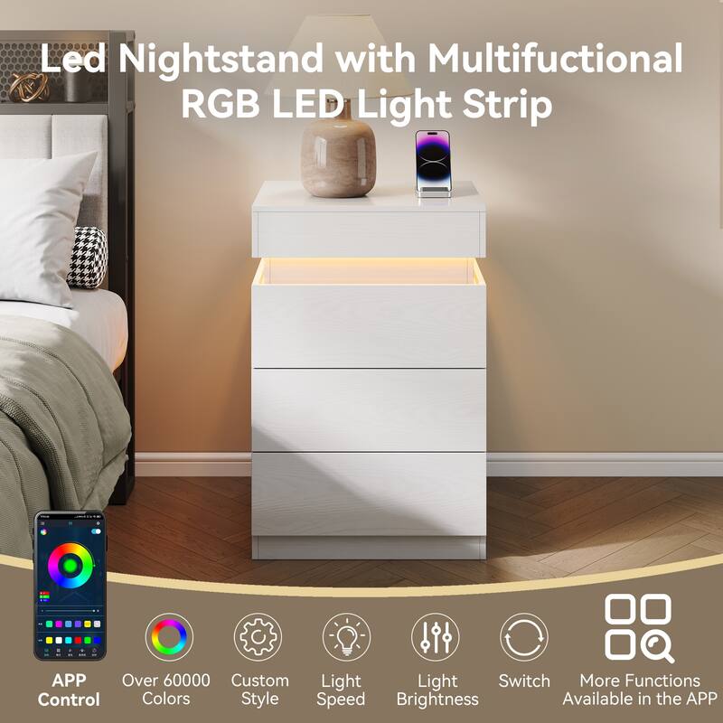 Nightstand with Built-In Charging Station and LED Lighting, 3-Drawer Sliding-Top Modern Bedside Table