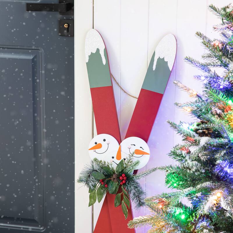 Glitzhome 35"H Christmas Wooden/Galvanized Ski Porch Decor