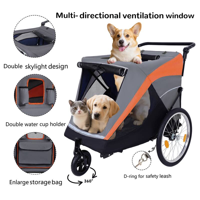2-in-1 Pet Bike Trailer & Push Cart - 100LB Dog Carrier with Quick Release Wheels, Storage Bag & Safety Leash