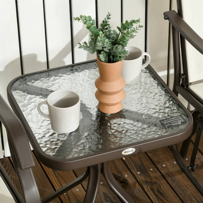 3-Piece Outdoor Rocking Glider Set with Glass Side Table, Cream White Patio Chairs with Breathable Mesh and Steel Frame