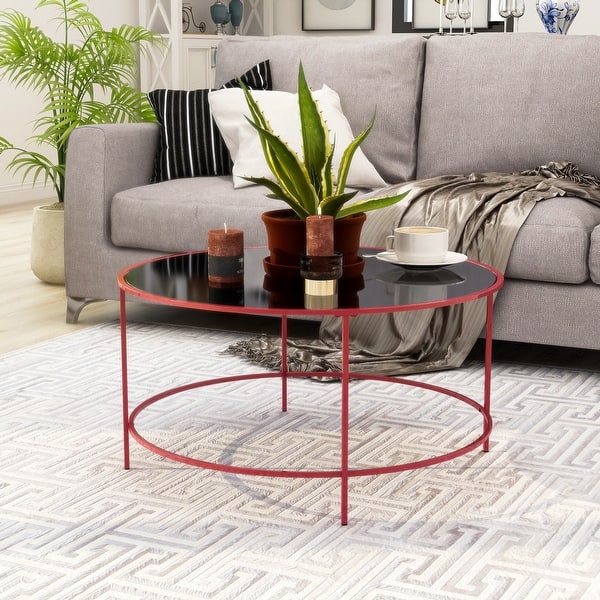 slide 2 of 14, Llewellyn Contemporary 36-inch Glass Top Round Coffee Table by Furniture of America