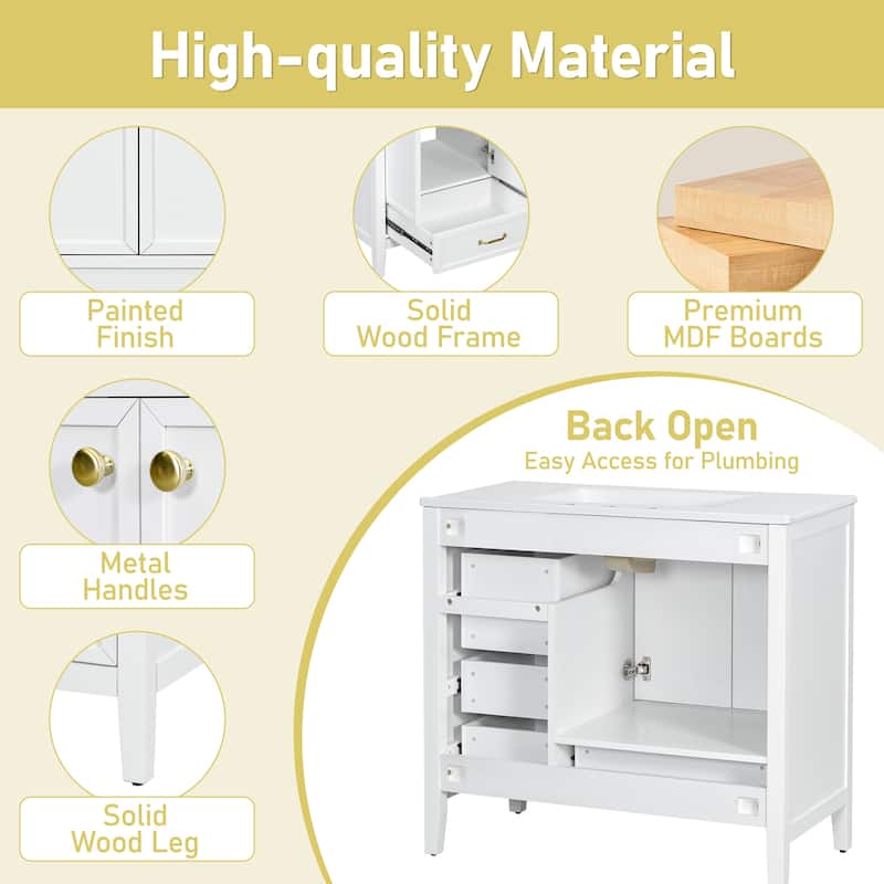 36" Bathroom Vanity with Sink, Bathroom Cabinet with Soft-Closing Door, 4 Drawers of Different Sizes, Solid Wood Frame and Leg