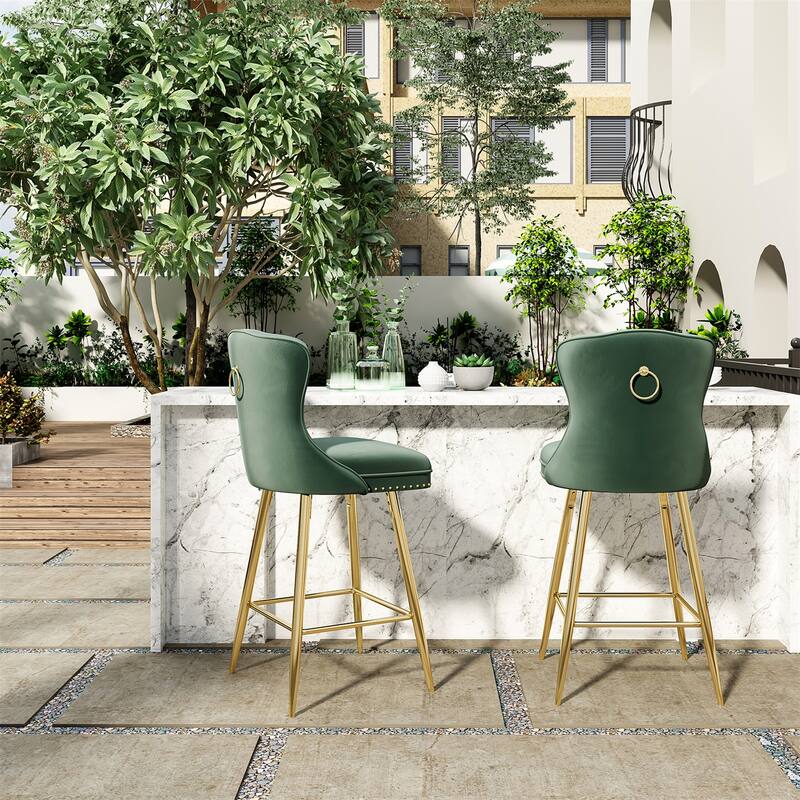 Velvet Bar Stools with Metal Legs, Button Tufted and Nailheads Trim (Set of 2)