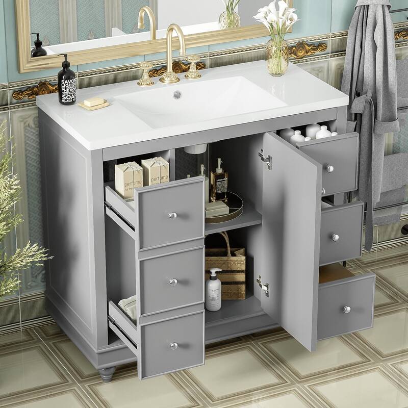 Modern 36-Inch Bathroom Vanity with Resin Integrated Sink, 4 Storage Drawers & Soft-Close Door