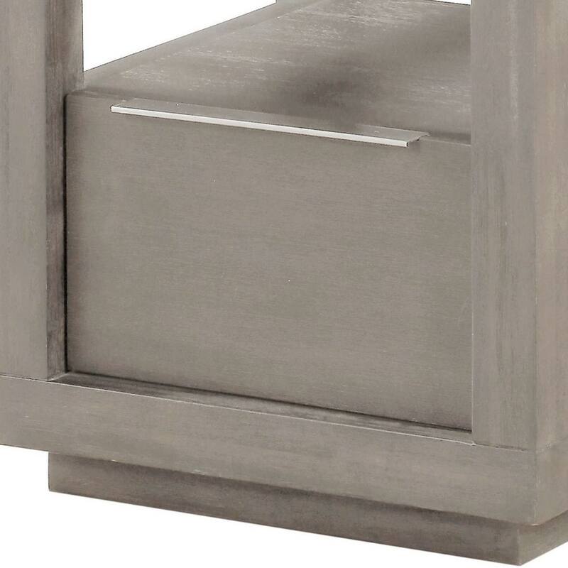 24 Inch End Table, 1 Drawer, Tempered Glass Surface, Plinth Base, Warm Gray
