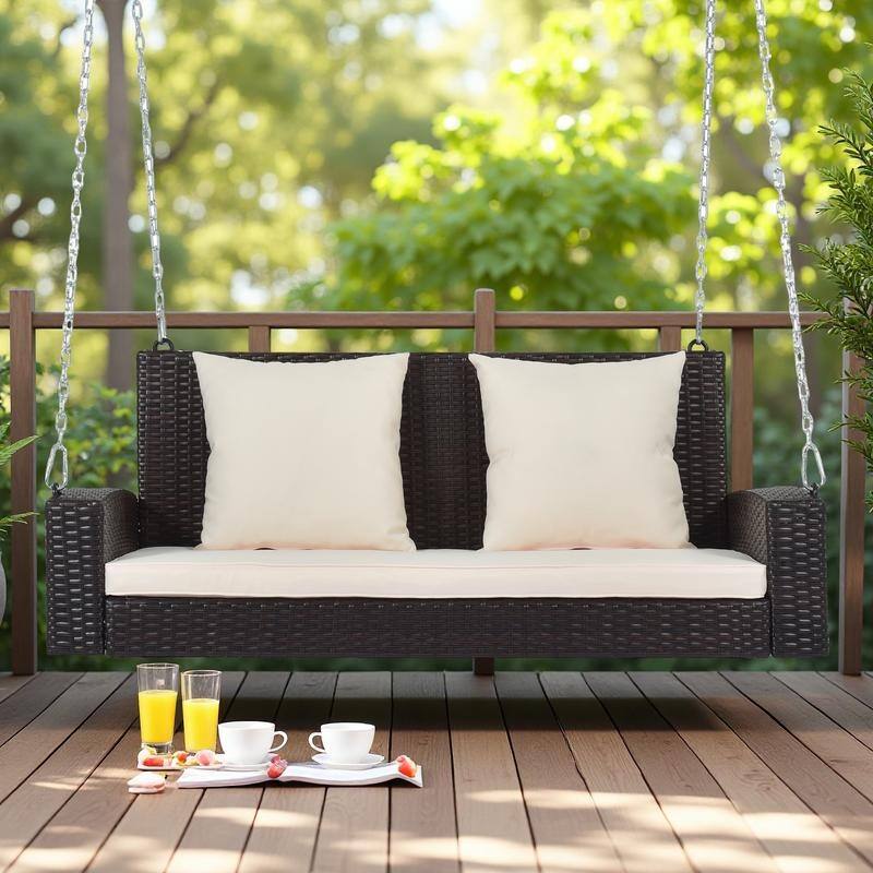 Wicker Porch Swing for 2 with Includes Cushion and Pillows, 500lb Capacity Rust-Proof Chains - Brown