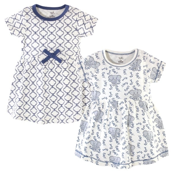 slide 1 of 1, Touched by Nature Baby and Toddler Girl Organic Cotton Short-Sleeve Dresses 2pk, Blue Elephant 2T - Baby Toddler Blue Elephant Short Sleeve