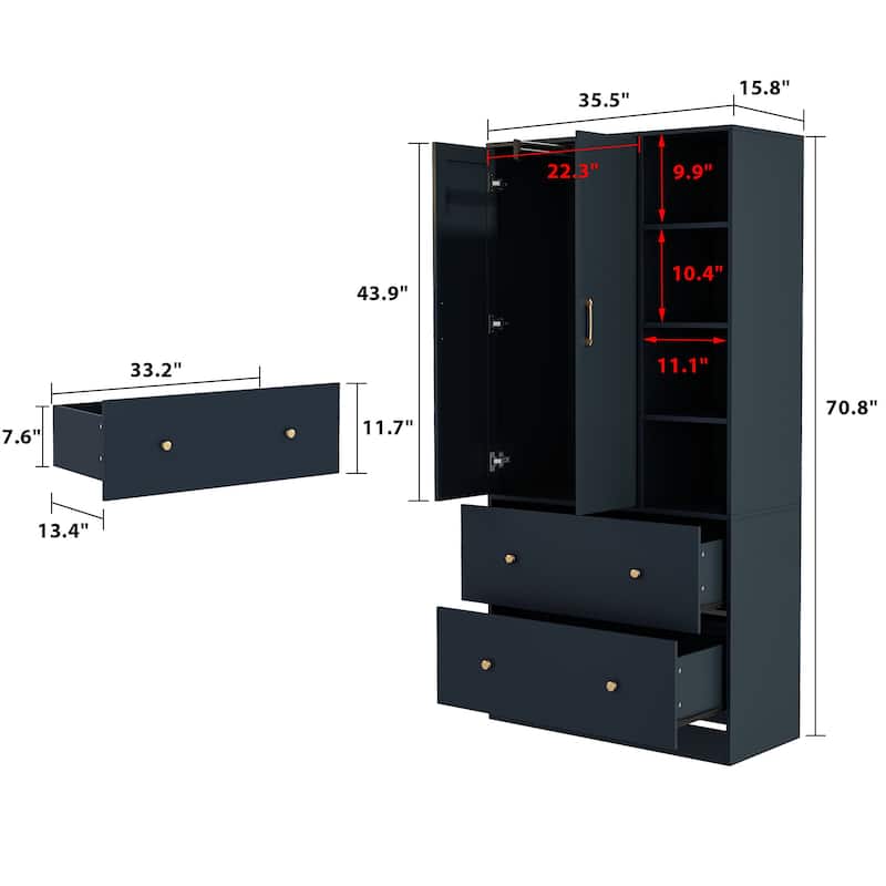 Wardrobe Closet Armoire wi/Mirror & Scalable Hanging Rod Space Saving
