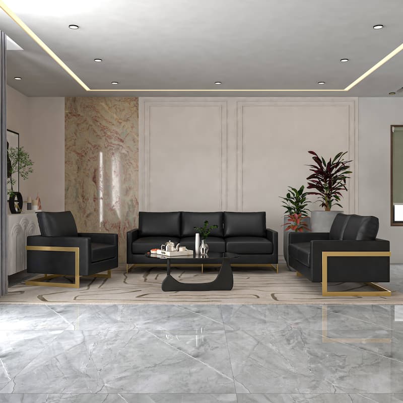 3-Piece Leather Sofa Set with Gold Stainless Steel Base and Removable Cushions