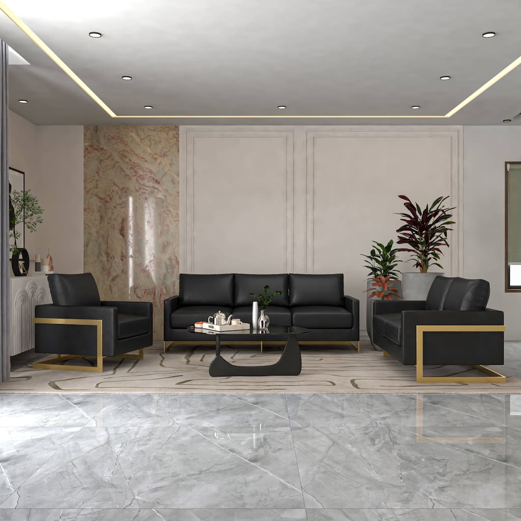 3-Piece Leather Sofa Set with Gold Stainless Steel Base and Removable Cushions