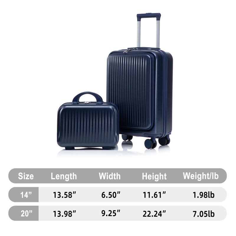 14"/20" 2 pcs/set in ABS Spinner Wheel Luggage, with Combination Lock and Front Opening Design, 14" Cosmetic Case