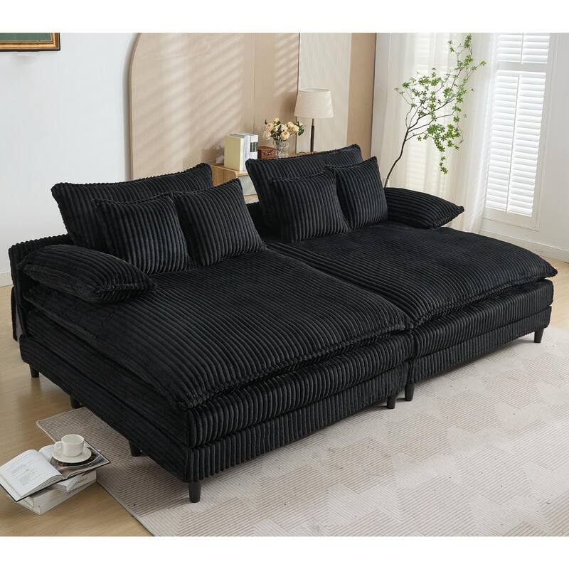 109" W Oversized Corduroy Lounge Chaise Sleeper Sofa 4 Pillows