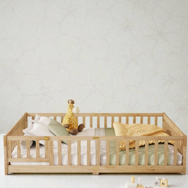 Queen Floor Bed with Fence and Door, Solid Rubber Wood Montessori Floor Bed with Safety Guardrails