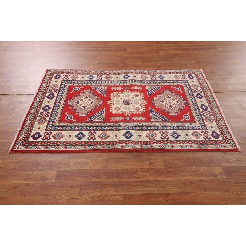 Geometric Red Kazak Accent Rug Handmade Oriental Wool Carpet - 3'3" x 4'10"