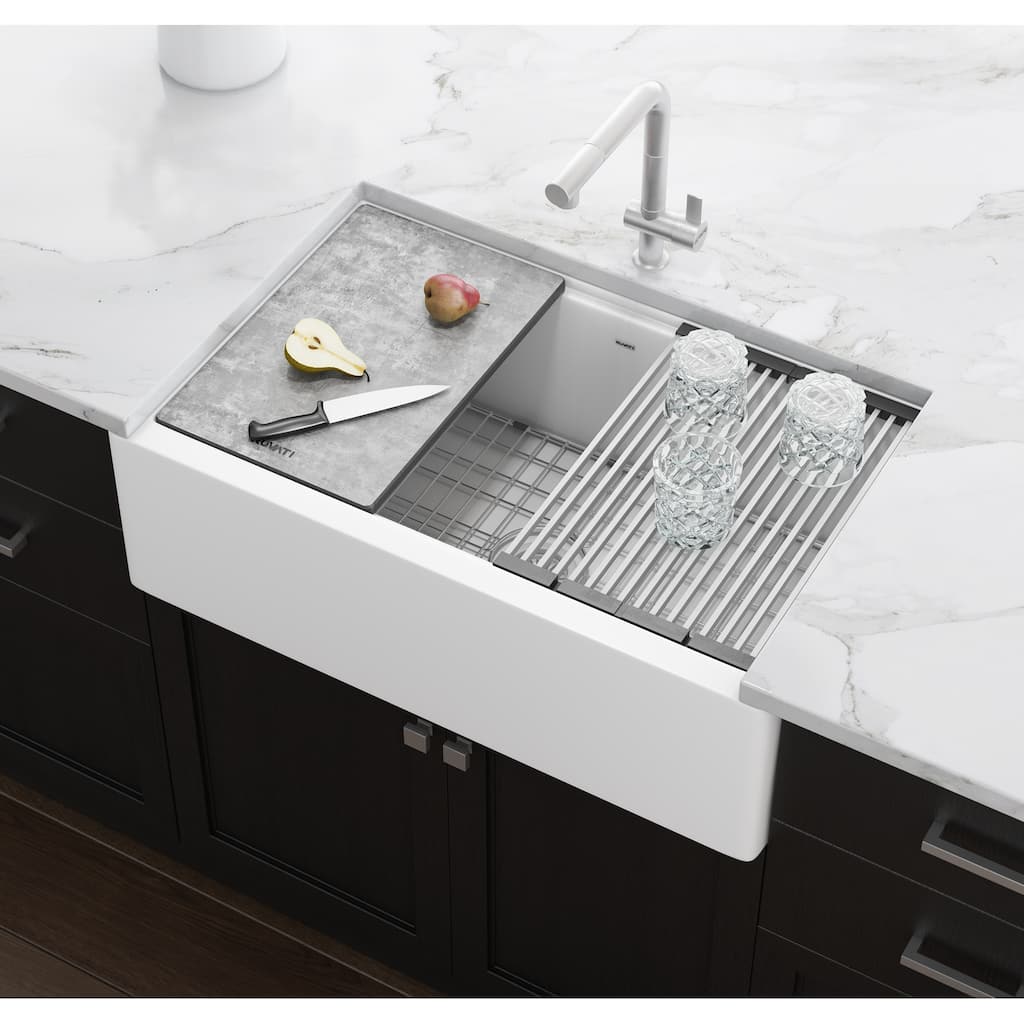 Ruvati 33-inch Matte White Granite Farmhouse Workstation Apron-front Composite Kitchen Sink - - 33" x 20-1/2? - 33" x 20-1/2″