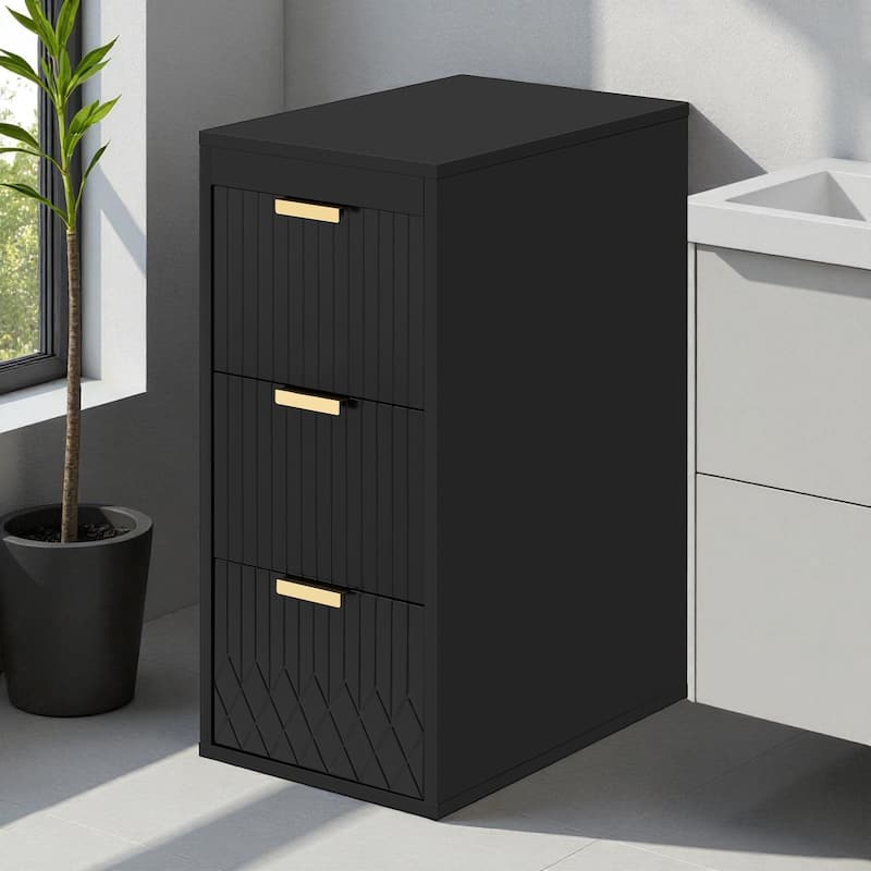 12" Wall Mounted Floating Bathroom Side Cabinet with Drawers, Modern MDF Storage Cabinet with L-Shape Handles - Black