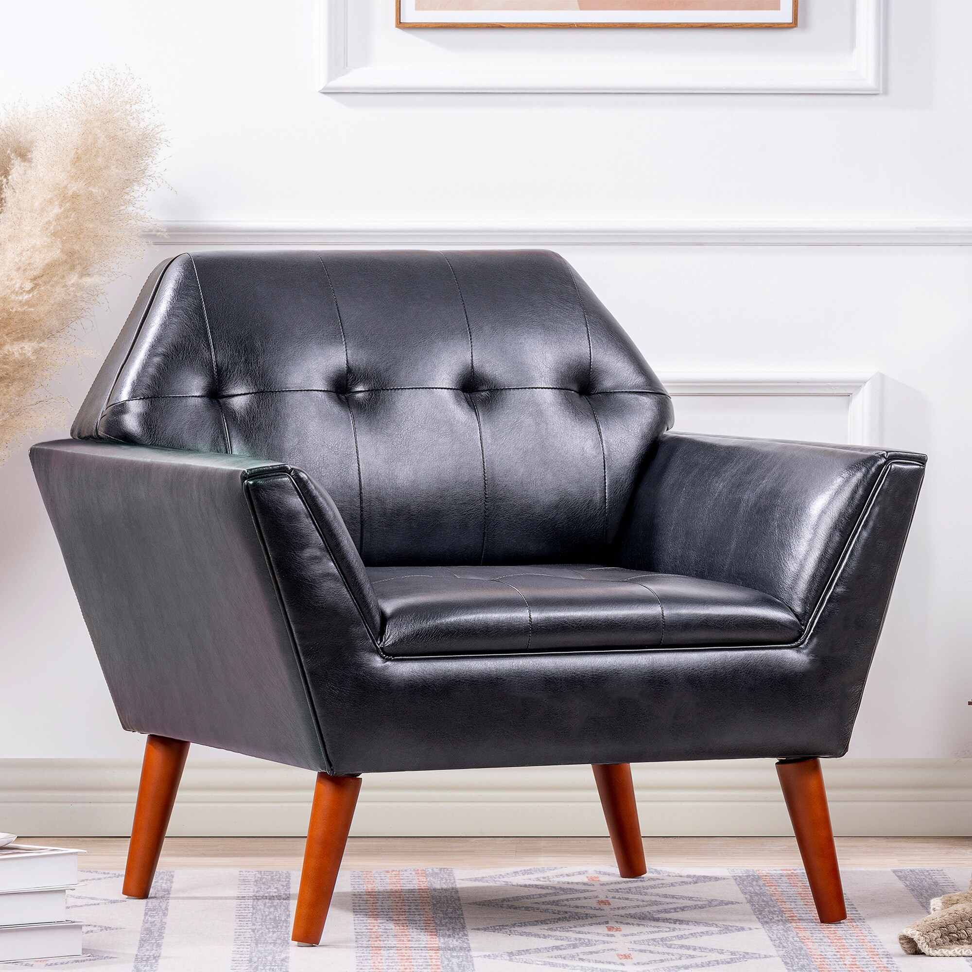 Tufted Armchair Mid-Century Modern Upholstered PU Leather Accent Chair with Wood Legs for Living Room, Black
