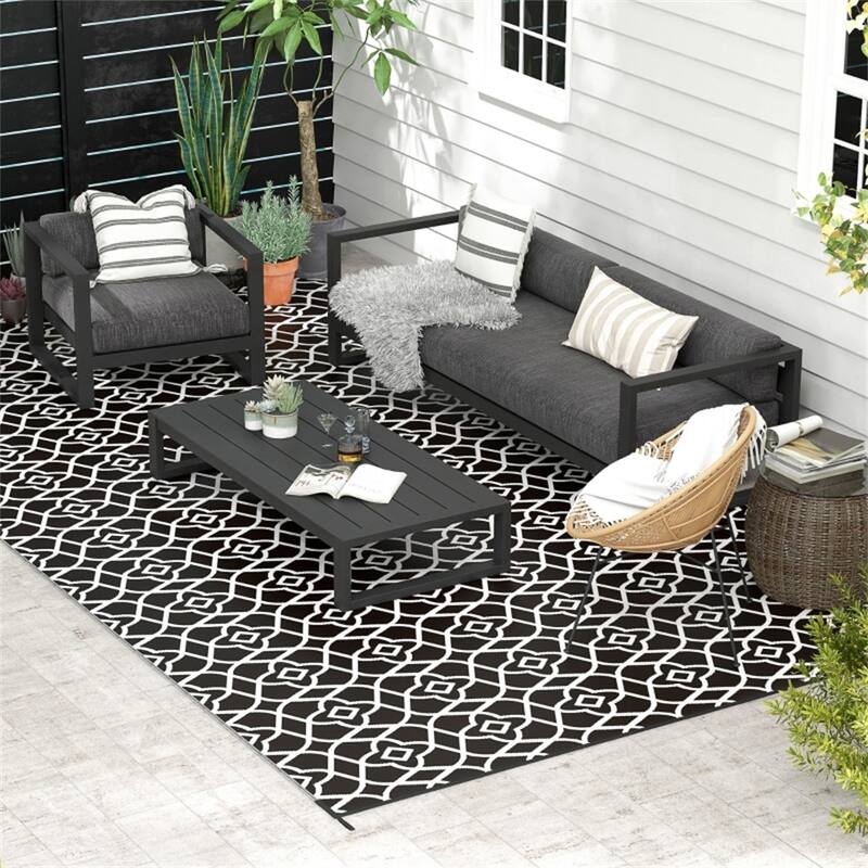 Black & White Clover Pattern Outdoor Rug Reversible Waterproof Polypropylene Camping Mat with Carry Bag - 215.7" L x 107.9" W