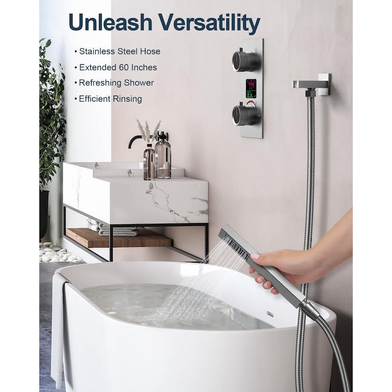 GRANDJOY Thermostatic Shower System Rainfall 12" Ceiling Mount Shower Faucet Digital Display Body Jets Handheld Shower Head