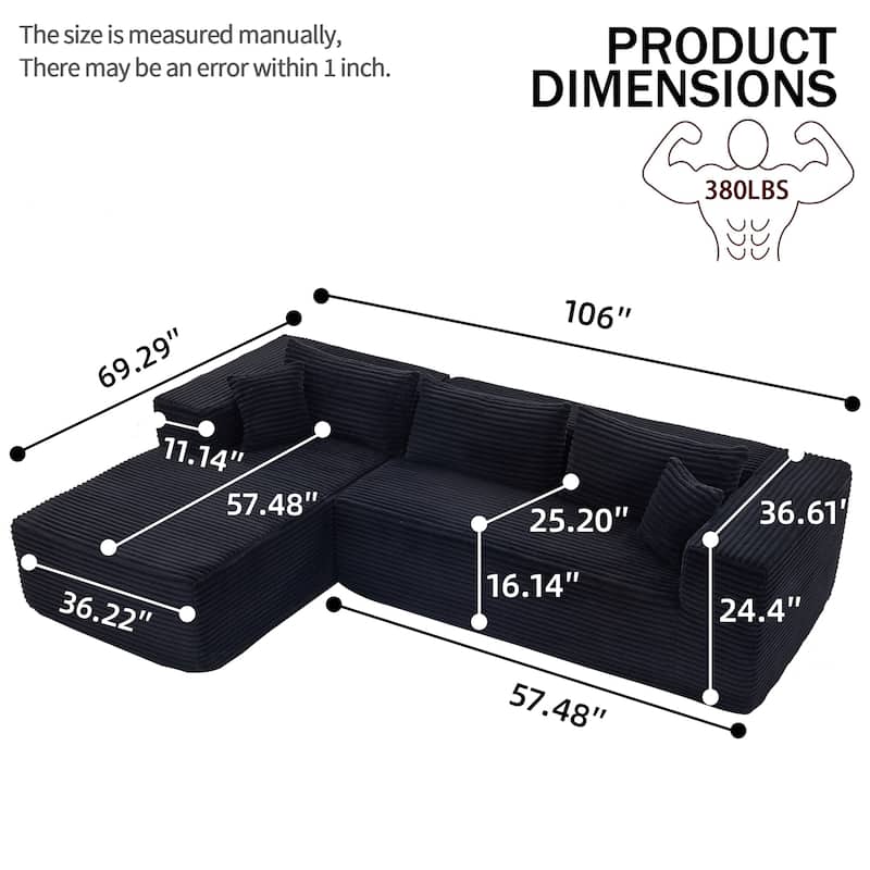 Floor Standing Modular Deep Seat Couch Corduroy L-shaped Sectional Sofa with Chaise Lounge, Pillows and Square Arms