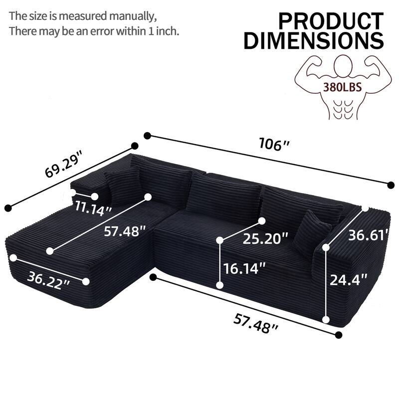 L-Shaped Modular Sectional Sofa with Chaise, Oversized Corduroy Upholstered 3 Seater Sofa, Deep Seat Cloud Couch with 6 Pillows