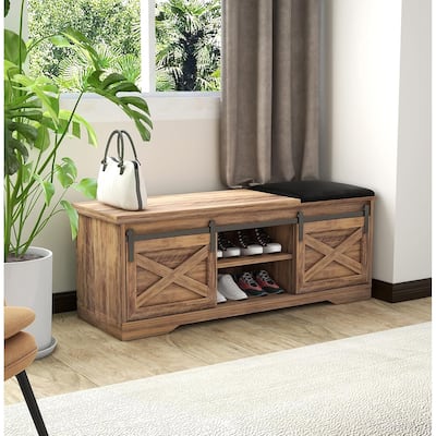 47" Farmhouse Shoe Bench with Padded Cushion, 2-Tier Shoe Storage Cabinet for Entryway - 47.24'x 15.35'x 17.72'