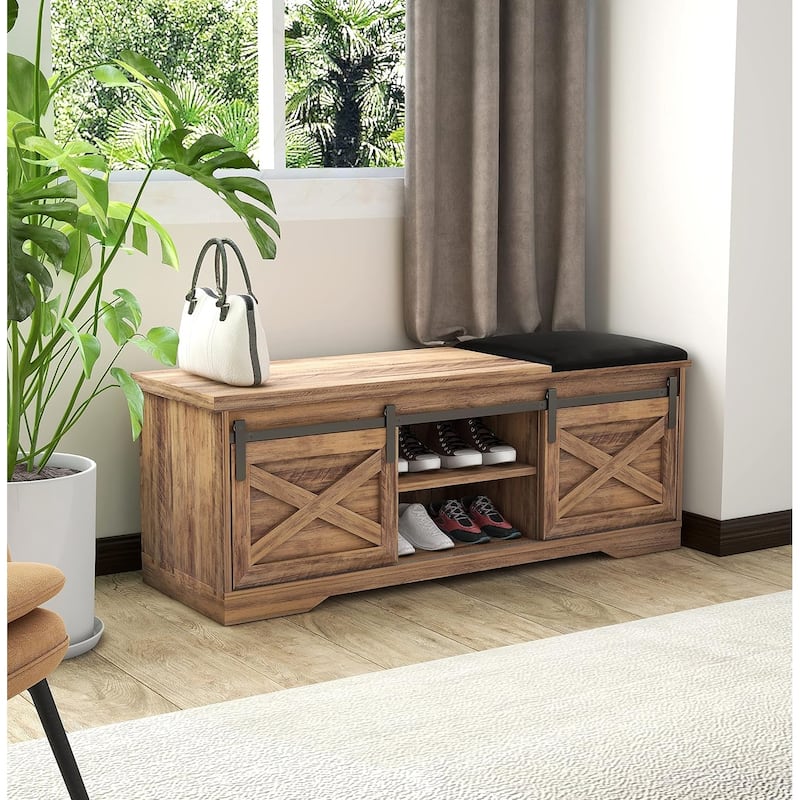 47" Farmhouse Shoe Bench with Padded Cushion, 2-Tier Shoe Storage Cabinet for Entryway - 47.24'x 15.35'x 17.72' - 47.24'x 15.35'x 17.72'